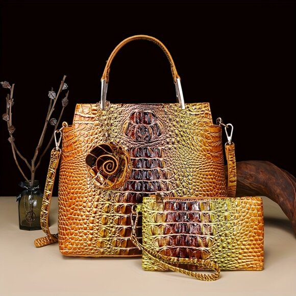Handbags - Vintage Inspired Crocodile Pattern 2 Bag Set W/ Removable Strap Vegan Leather